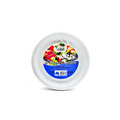 Set of 25 Elite 9-inch plastic plates from Top Fruit Market, durable and ideal for pantry use, displayed on a table.