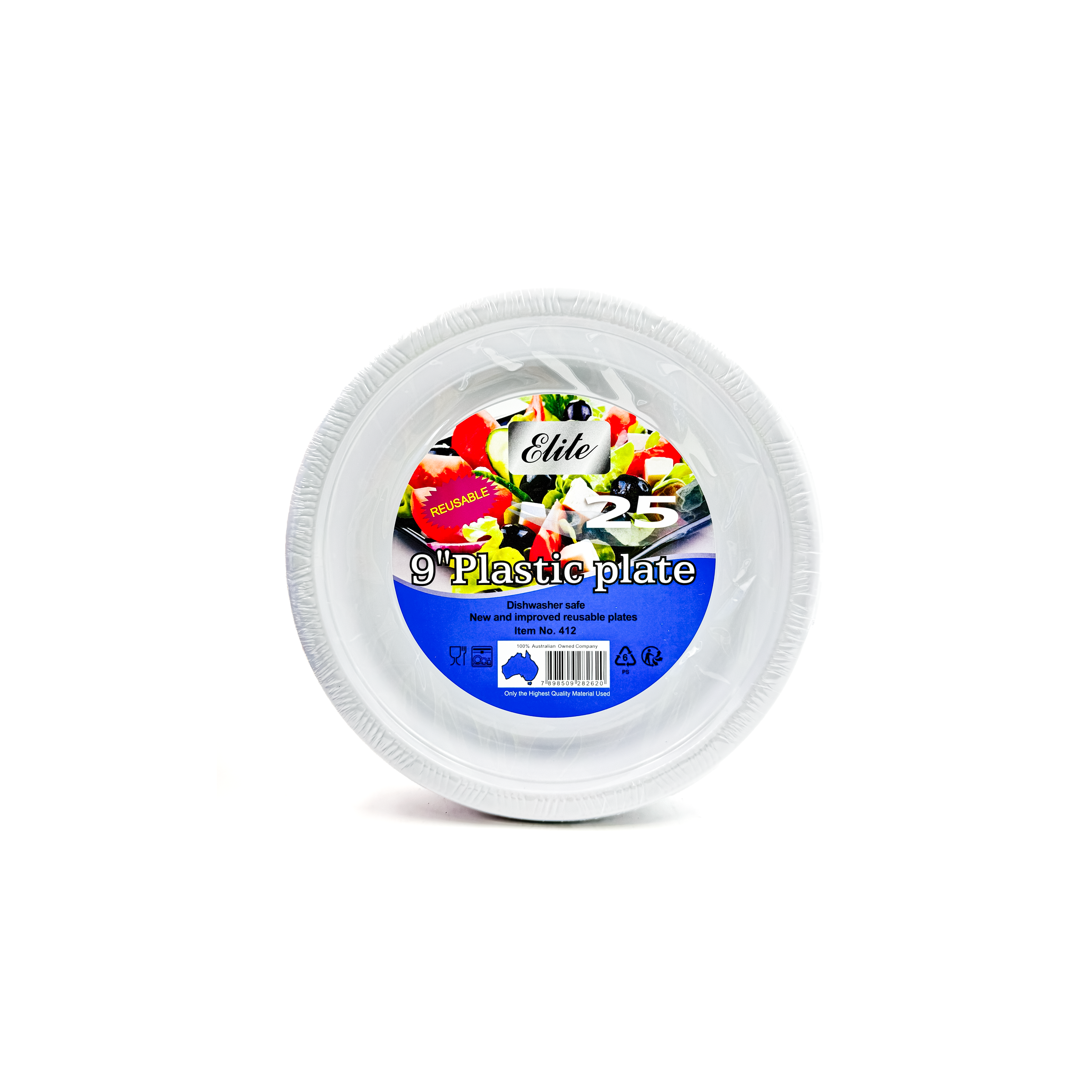 Set of 25 Elite 9-inch plastic plates from Top Fruit Market, durable and ideal for pantry use, displayed on a table.