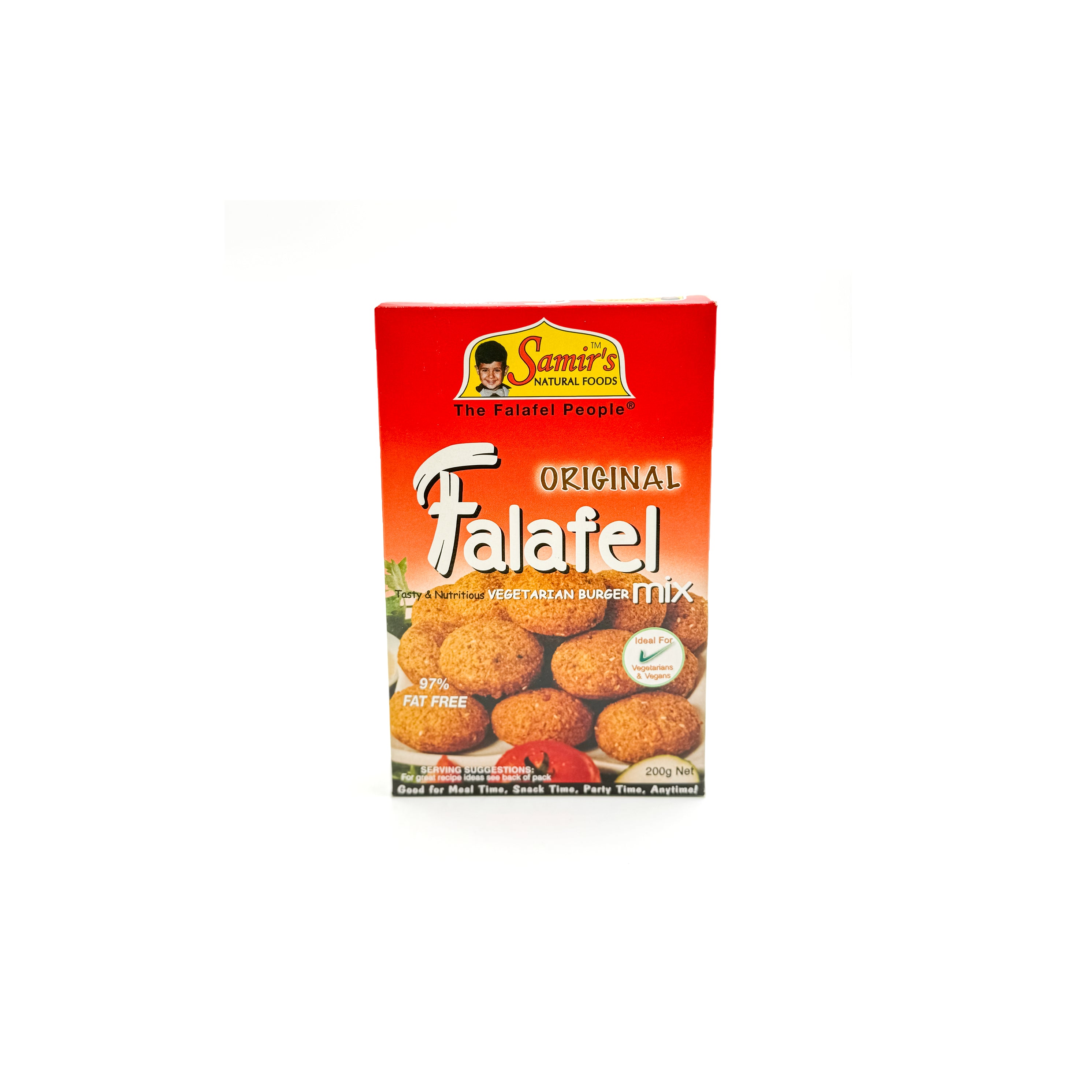 Samir’s Original Falafel Mix 200g in a pantry package, showcasing the mix's ingredients and vibrant packaging.