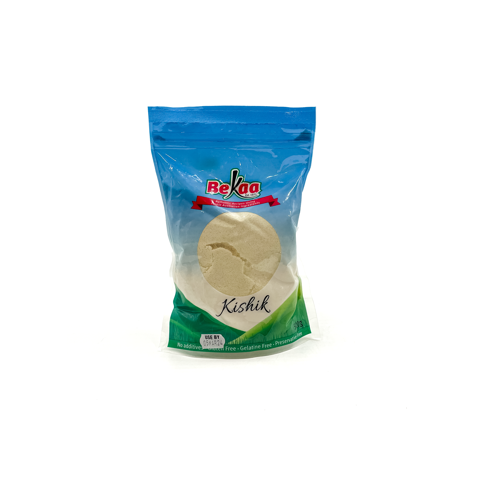 Top Fruit Market Bekaa Kishk 500g in fridge, traditional Middle Eastern dried yogurt and bulgur mixture.