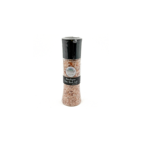 Benino Himalayan Pink Rock Salt grinder from Top Fruit Market, showing a pink salt rock grinder on a pantry shelf.