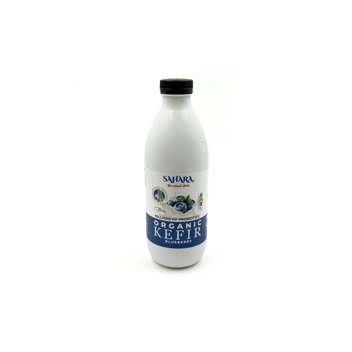 Blueberry kefir in a 500ml Top Fruit Market Sahara Organic bottle, stored in a fridge, with fresh blueberries visible.