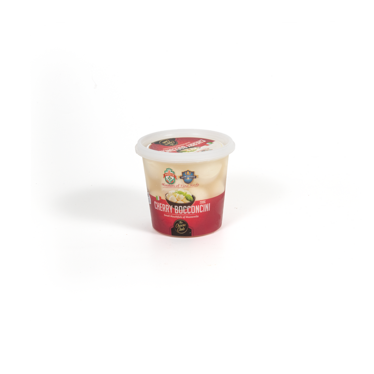 Fresh Cherry Bocconcini cheese from Top Fruit Market, stored in a fridge, with small round mozzarella balls and cherry blossoms.