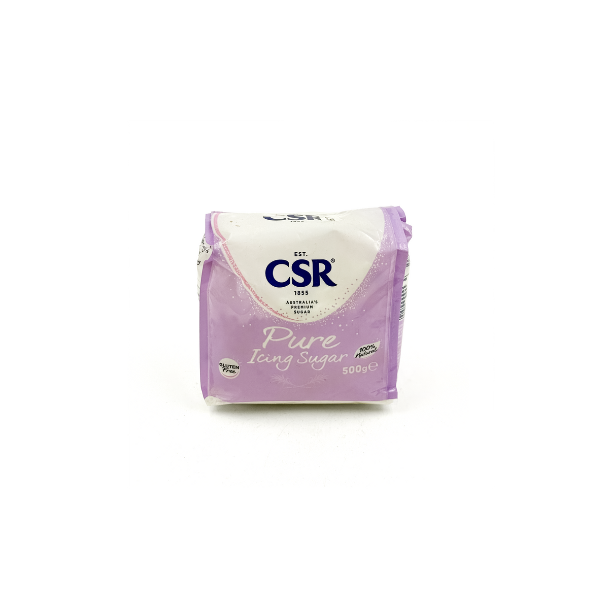 Bag of CSR Pure Icing Sugar 500g from Top Fruit Market, showing white powdered sugar in a clear pantry bag.