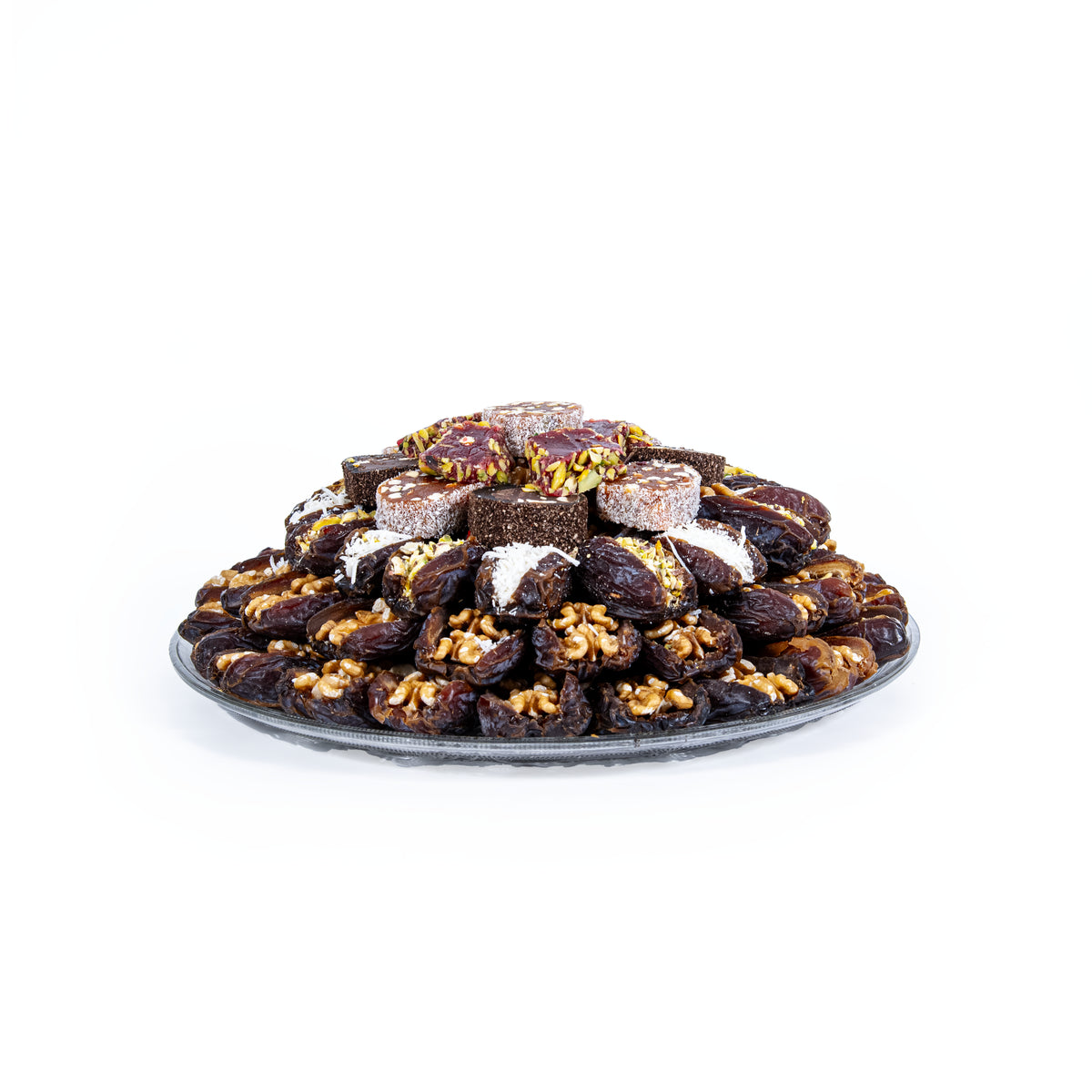 Large date platter from Top Fruit Market featuring an assortment of fresh, ripe dates arranged on a decorative platter.