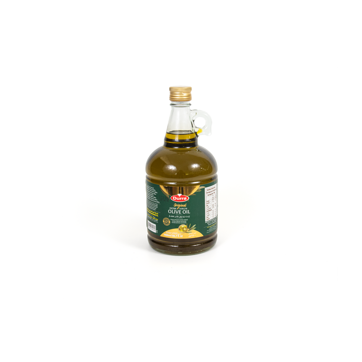 Durra Original Extra Virgin Olive Oil 1.5L bottle in pantry setting, showcasing clear glass container and golden oil inside