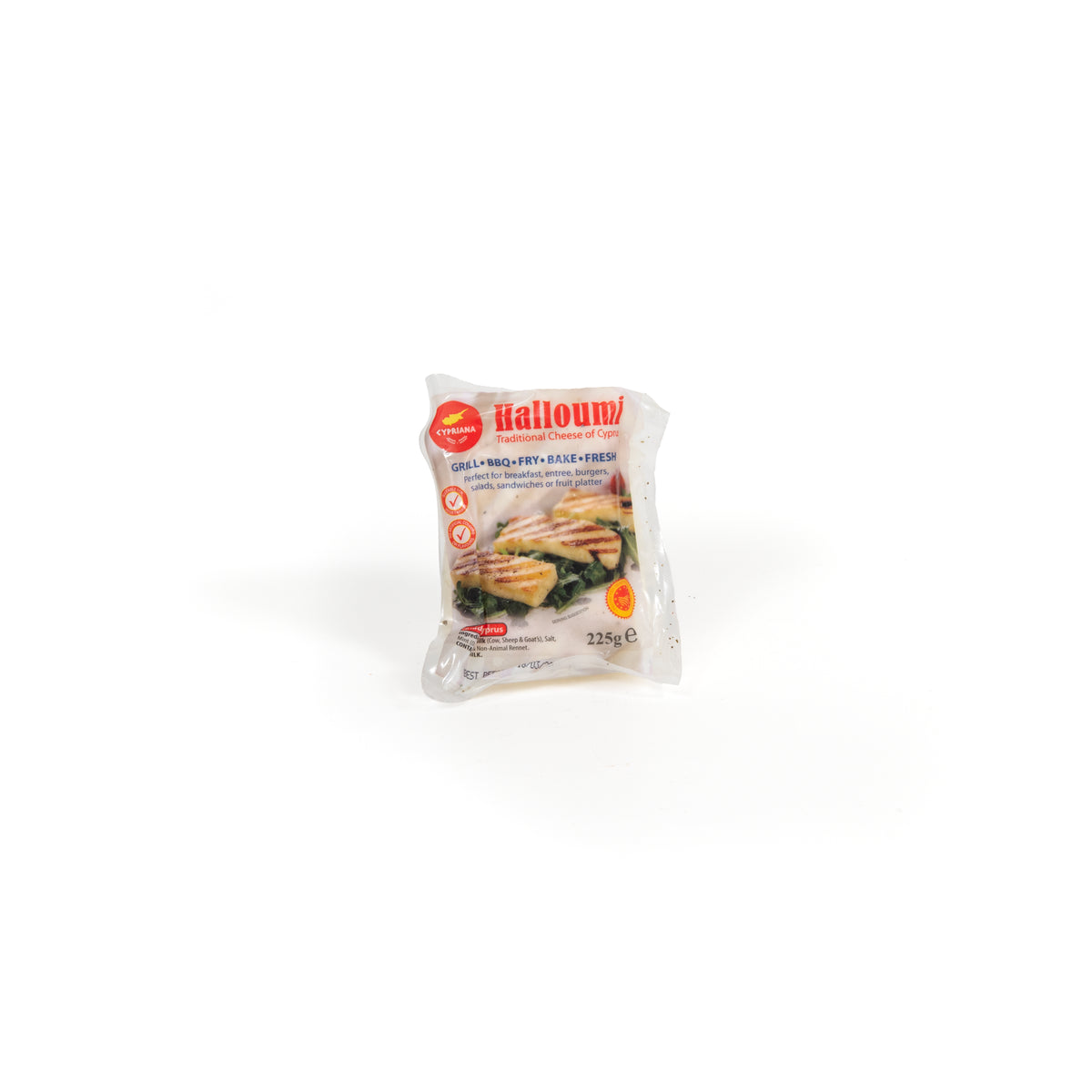 Top Fruit Market Cypriana Halloumi Cheese 225g in fridge, showing the block of creamy, white halloumi cheese ready for slicing.