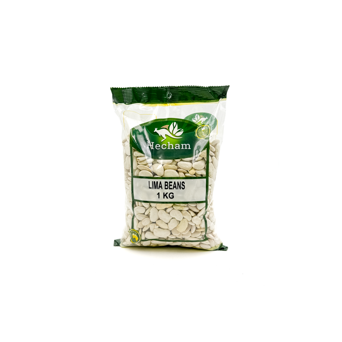 Top Fruit Market Hecham Lima Beans in 1kg pantry pack, showing fresh, light-colored lima beans in a clear bag.