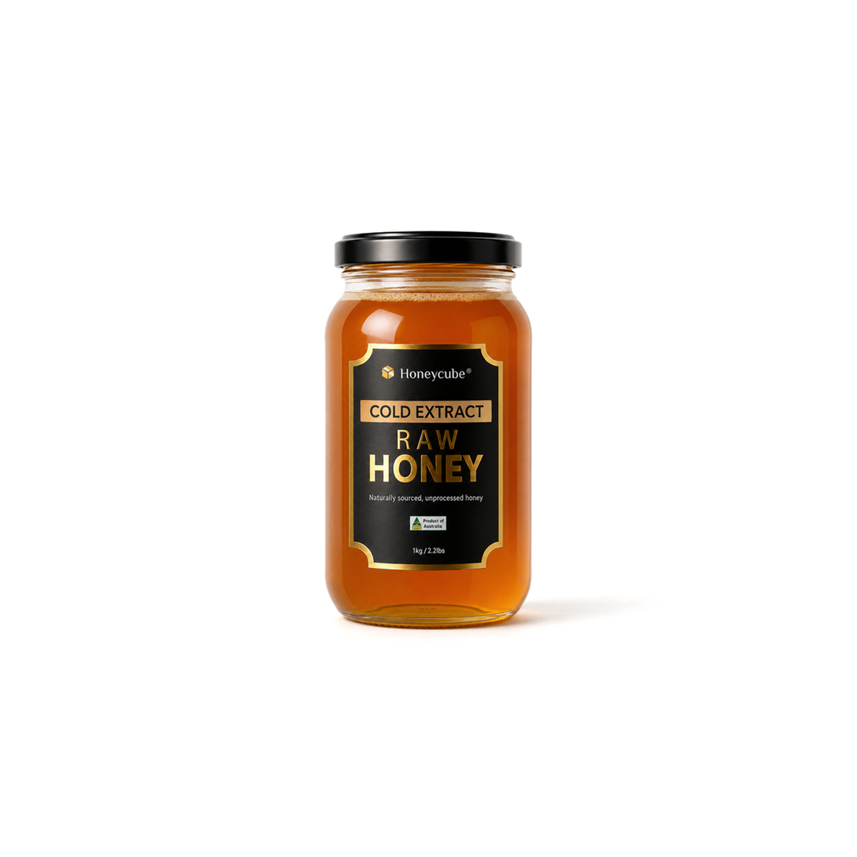 Jar of Honeycube Cold Extract Raw Honey 1kg from Top Fruit Market, showcasing golden raw honey in a clear glass jar.