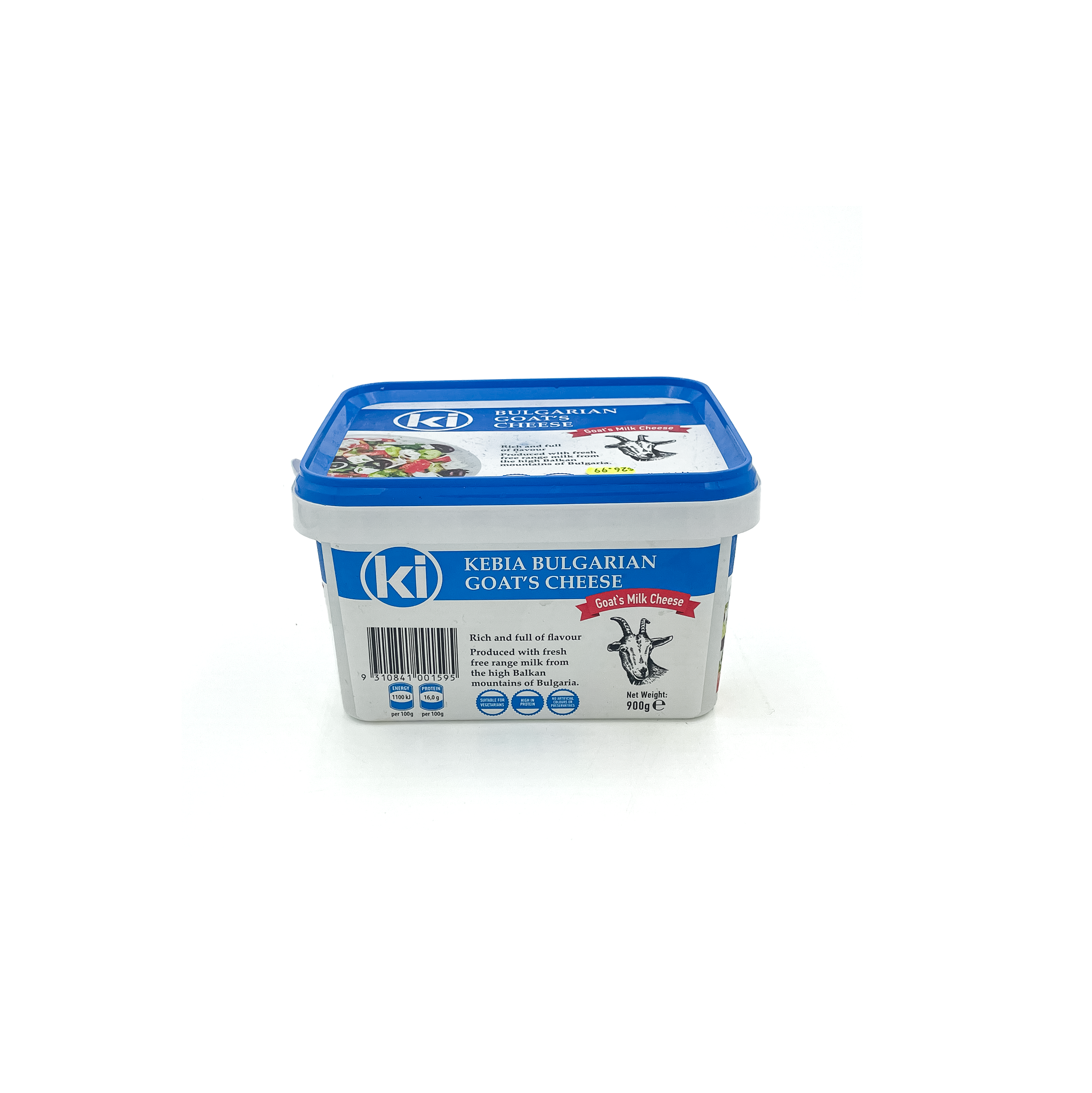 Creamy Bulgarian goat's cheese from Top Fruit Market, 900g, shown in a fridge setting with the cheese block and packaging.