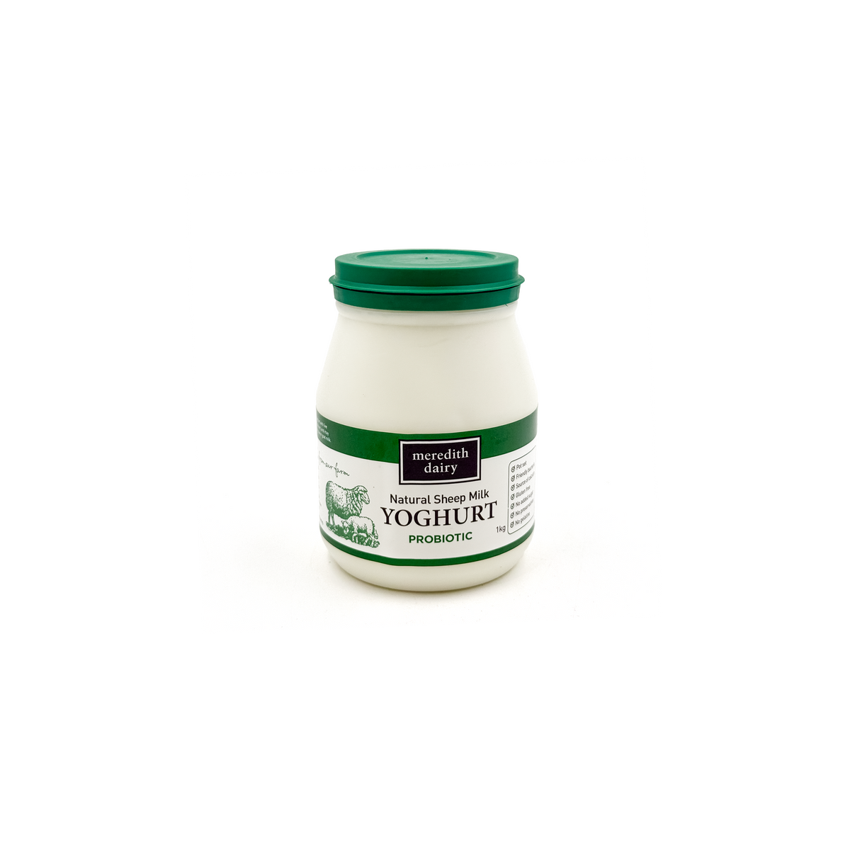 Natural sheep milk probiotic yogurt in a 1kg container, stored in a fridge, from Meredith Dairy.