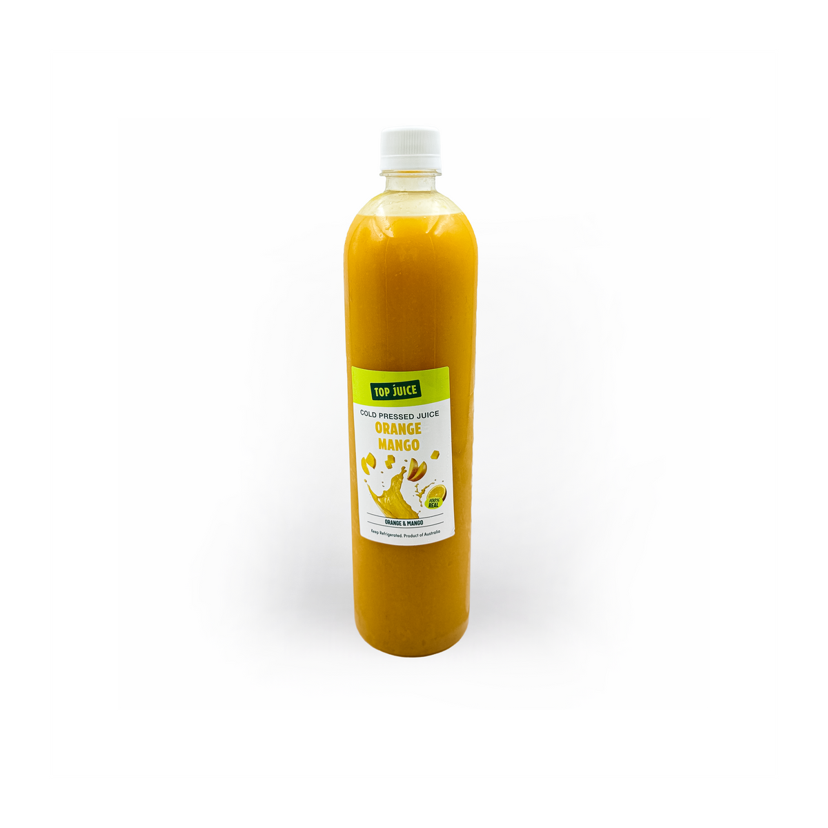 Fresh 1L cold-pressed orange mango juice from Top Fruit Market, showing vibrant orange and mango fruits in the bottle.