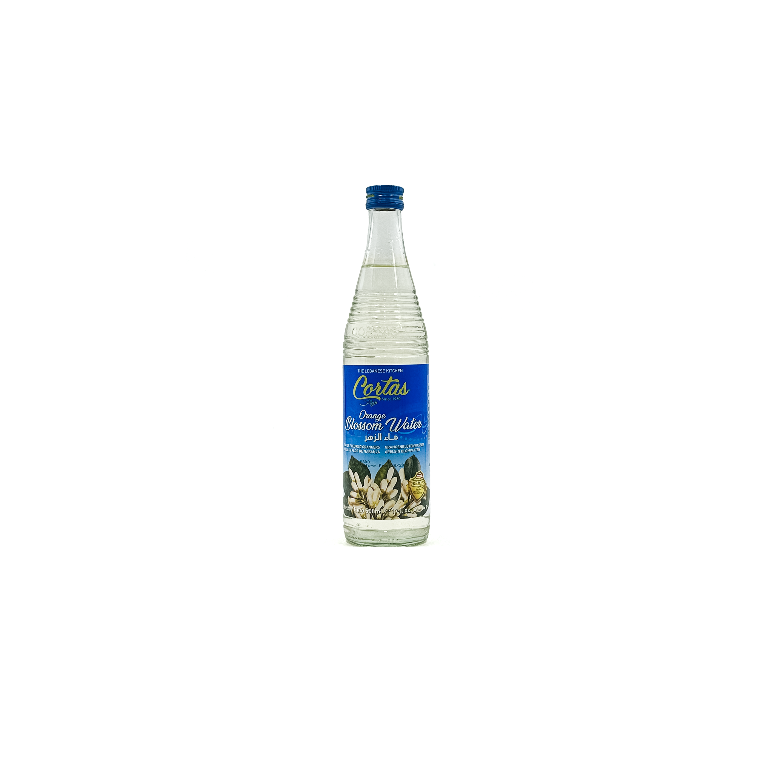 Cortas Orange Blossom Water 500ml bottle, natural pantry ingredient with floral scent, in clear plastic bottle with label.