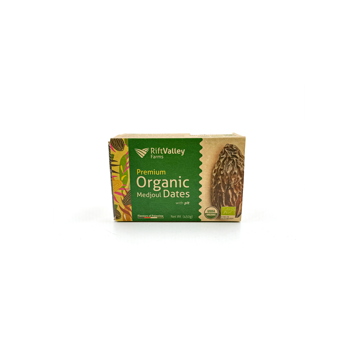 Organic Medjoul dates in a 450g package from Top Fruit Market, showing glossy, plump Medjoul dates in a clear container.