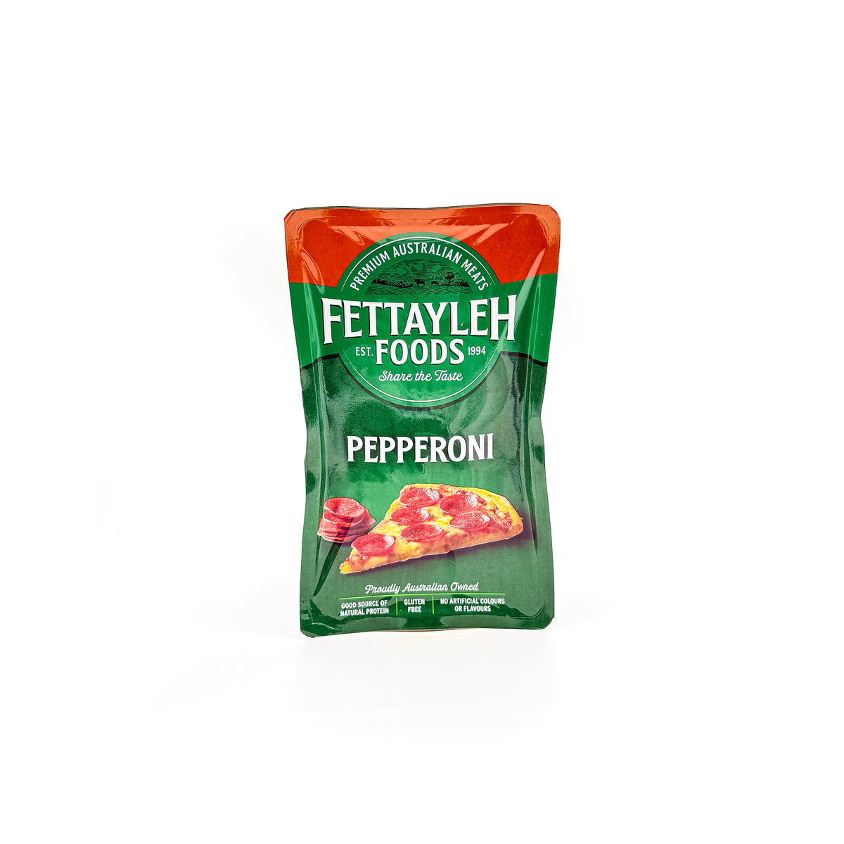 Slices of Fettayleh pepperoni in a fridge, showcasing the Top Fruit Market brand, ready for use in sandwiches and snacks.