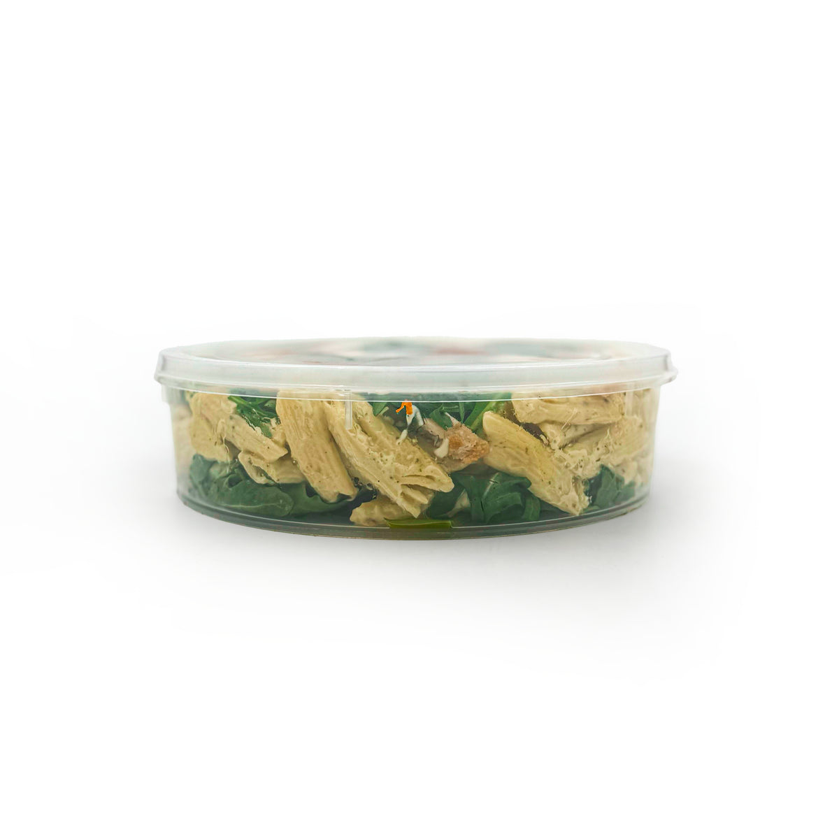 Chicken pesto pasta salad tub from Top Fruit Market, showing a creamy pesto sauce with pasta, chicken pieces, and fresh herbs.