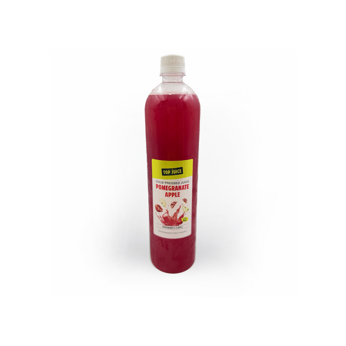 Fresh 1L cold pressed pineapple juice in a clear glass bottle from Top Fruit Market, vibrant yellow liquid with pineapple slices.