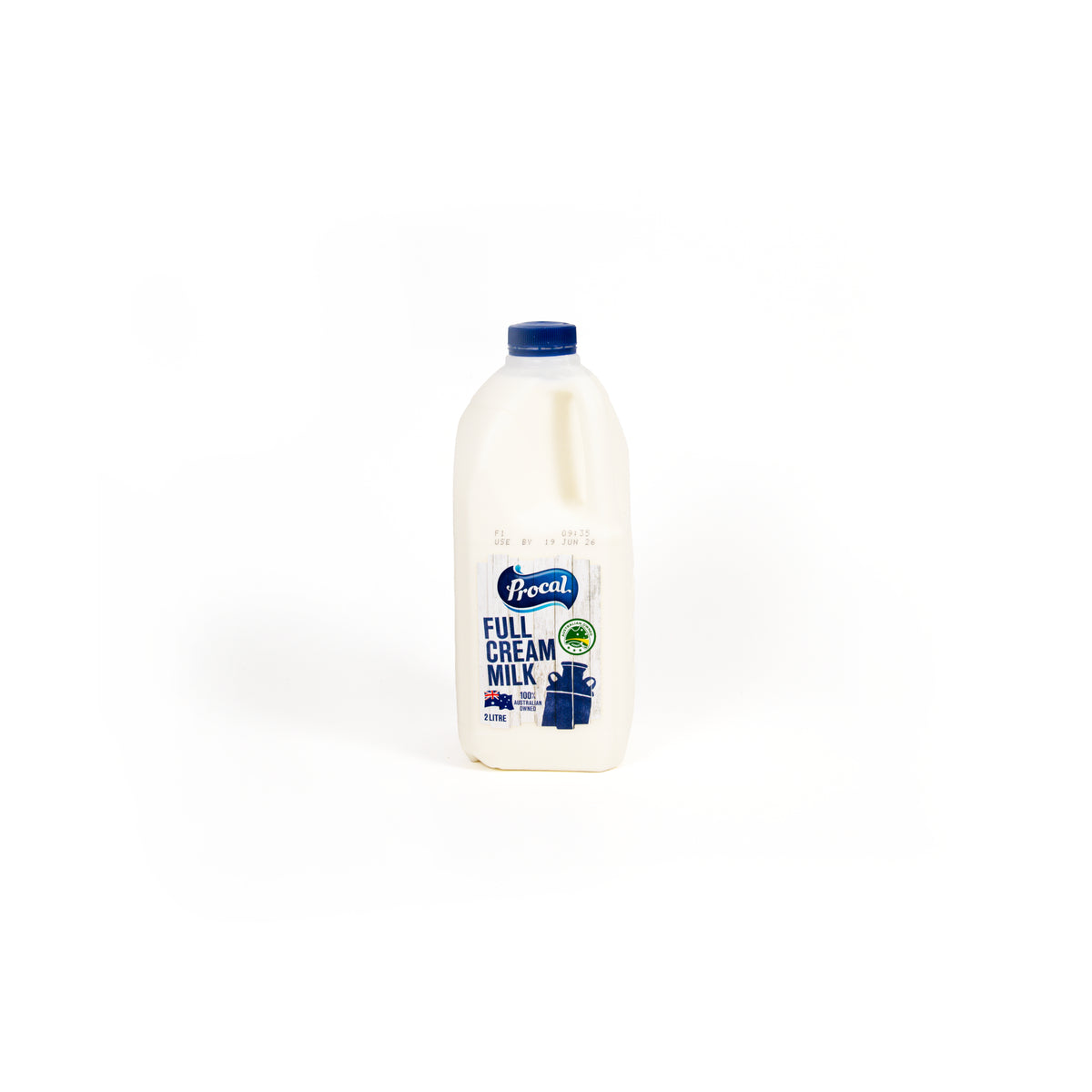 Full 2L carton of Procal full cream milk in a fridge, showing the white milk carton with blue and red branding.