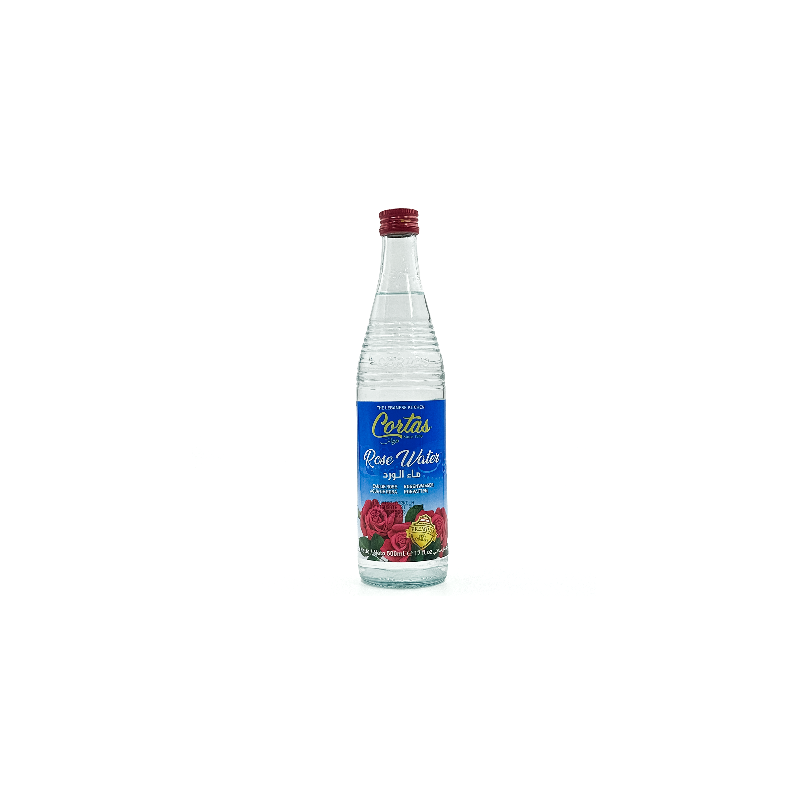 Cortas Rose Water 500ml in a clear plastic bottle, used for culinary and skincare, with a pinkish liquid inside.