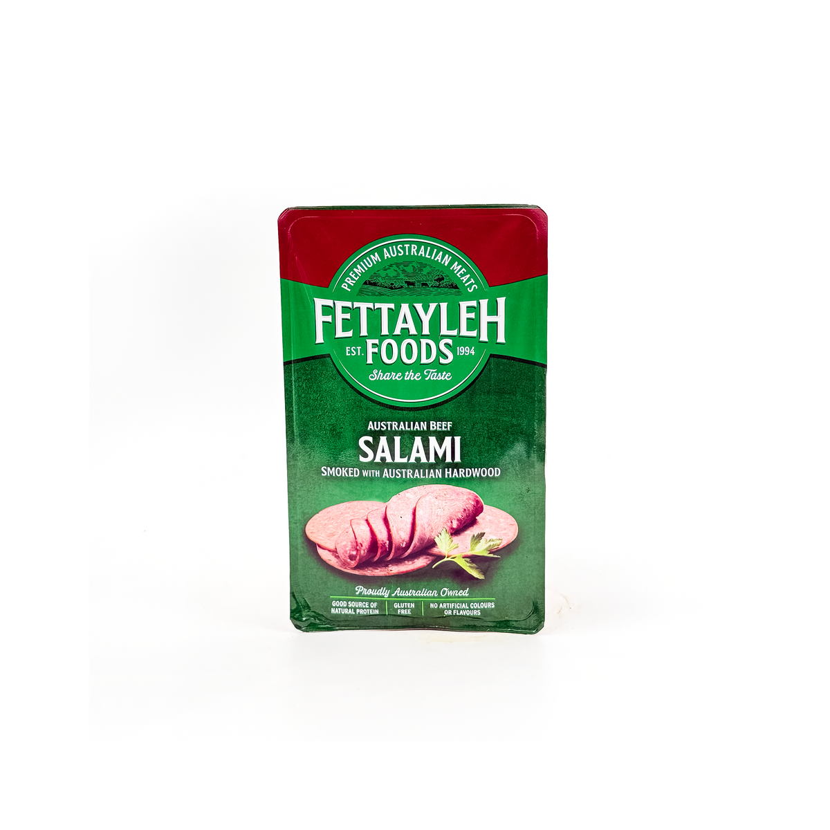 Fettayleh Salami slices in a fridge, showcasing the Top Fruit Market brand, ready for serving or storage.