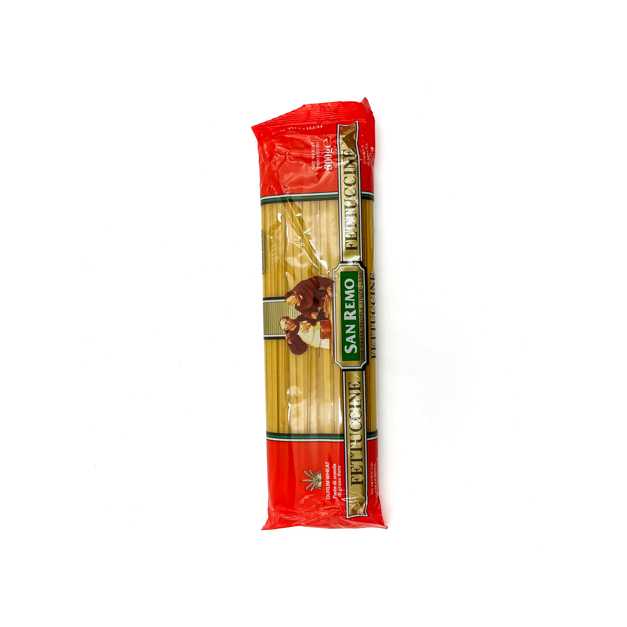 San Remo Fettuccine 500g pasta package from Top Fruit Market, showing the product in a pantry setting.