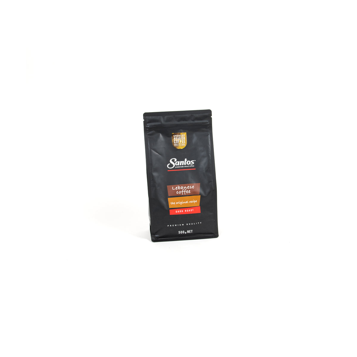 Santos Lebanese coffee 500g in a pantry setting, showcasing the rich, dark roasted coffee beans from Top Fruit Market.