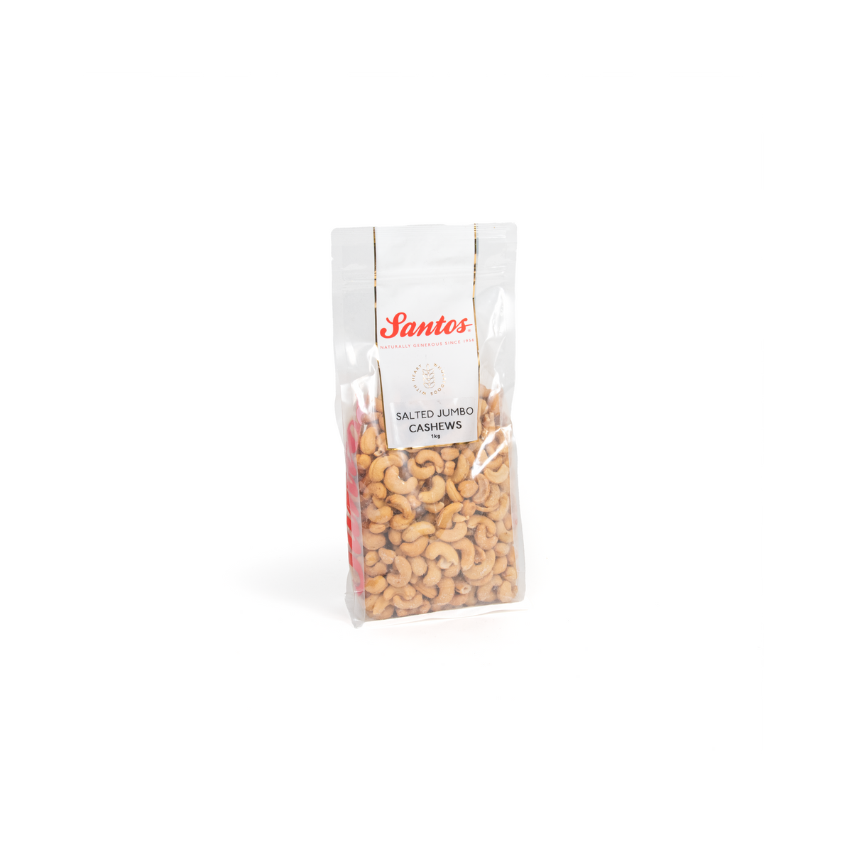 Top Fruit Market Santos Salted Jumbo Cashews 1kg in a clear bowl, showcasing large, salted cashew nuts for snacking or baking.