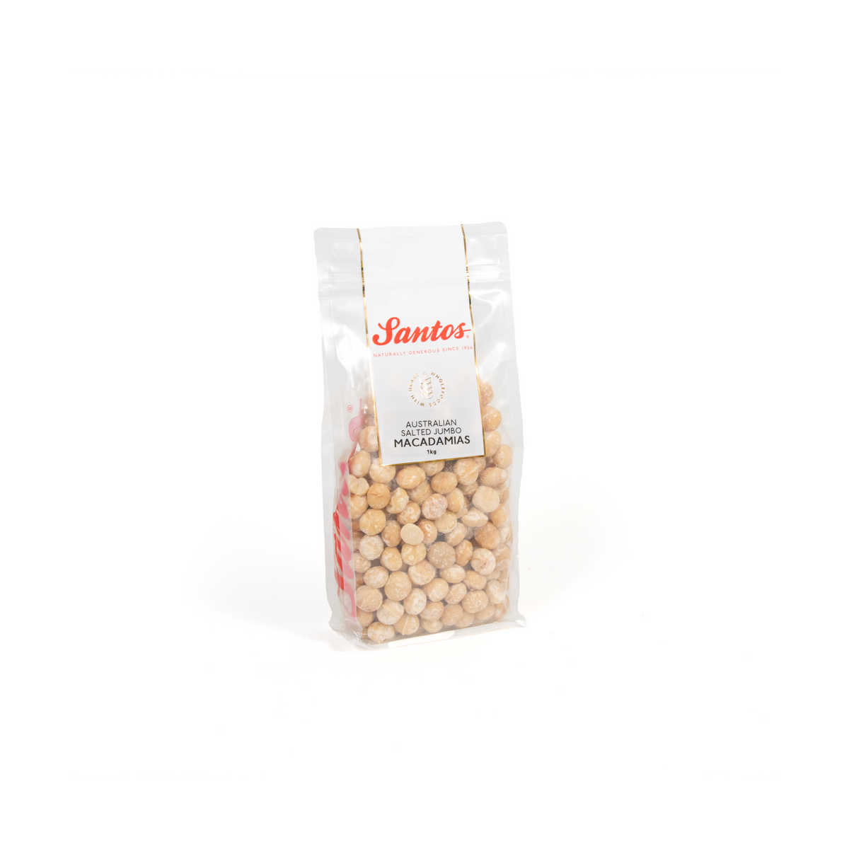 Santos Australian Salted Jumbo Macadamias 1kg in a clear resealable bag, showing large, salted macadamia nuts from Top Fruit Market.