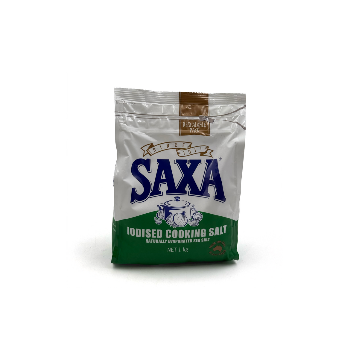 Saxa iodised cooking salt 1kg in a clear pantry container, used for seasoning and cooking in the kitchen.