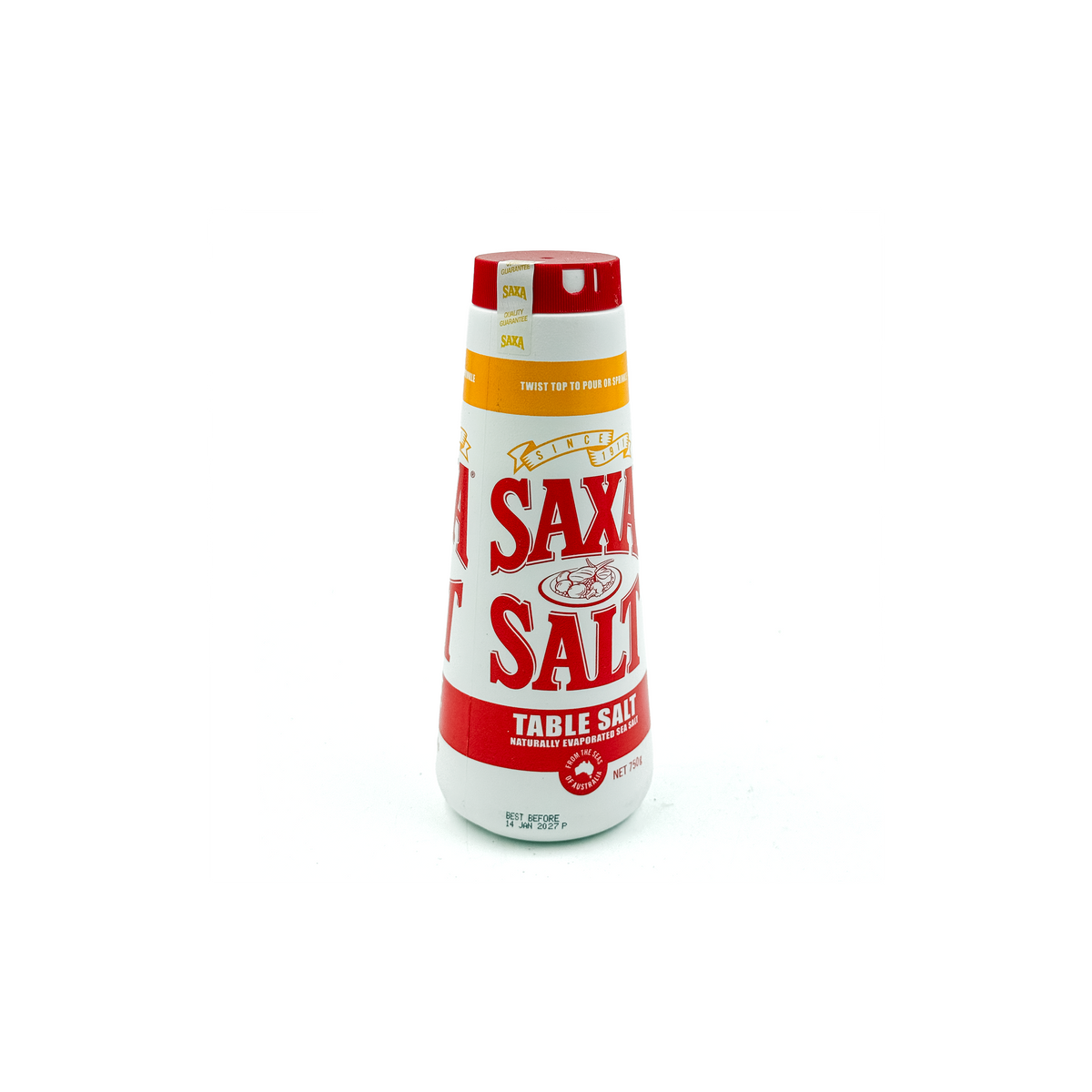 Saxa Table Salt 750g in a clear pantry container, showing white granular salt, labeled with brand and product name.