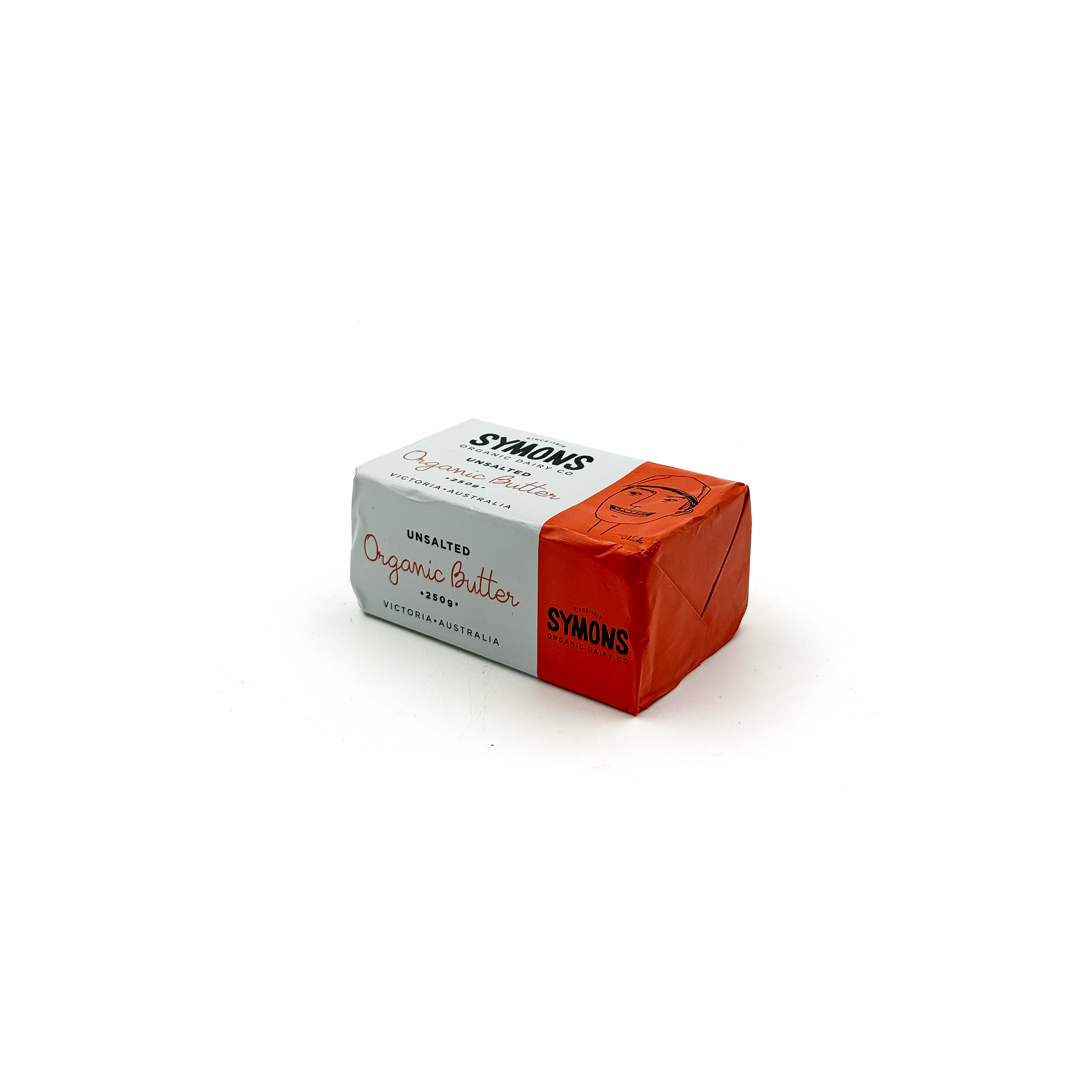Symons Organic Unsalted Butter 250g in a fridge, shown as a block of creamy butter in a packaging with brand label.