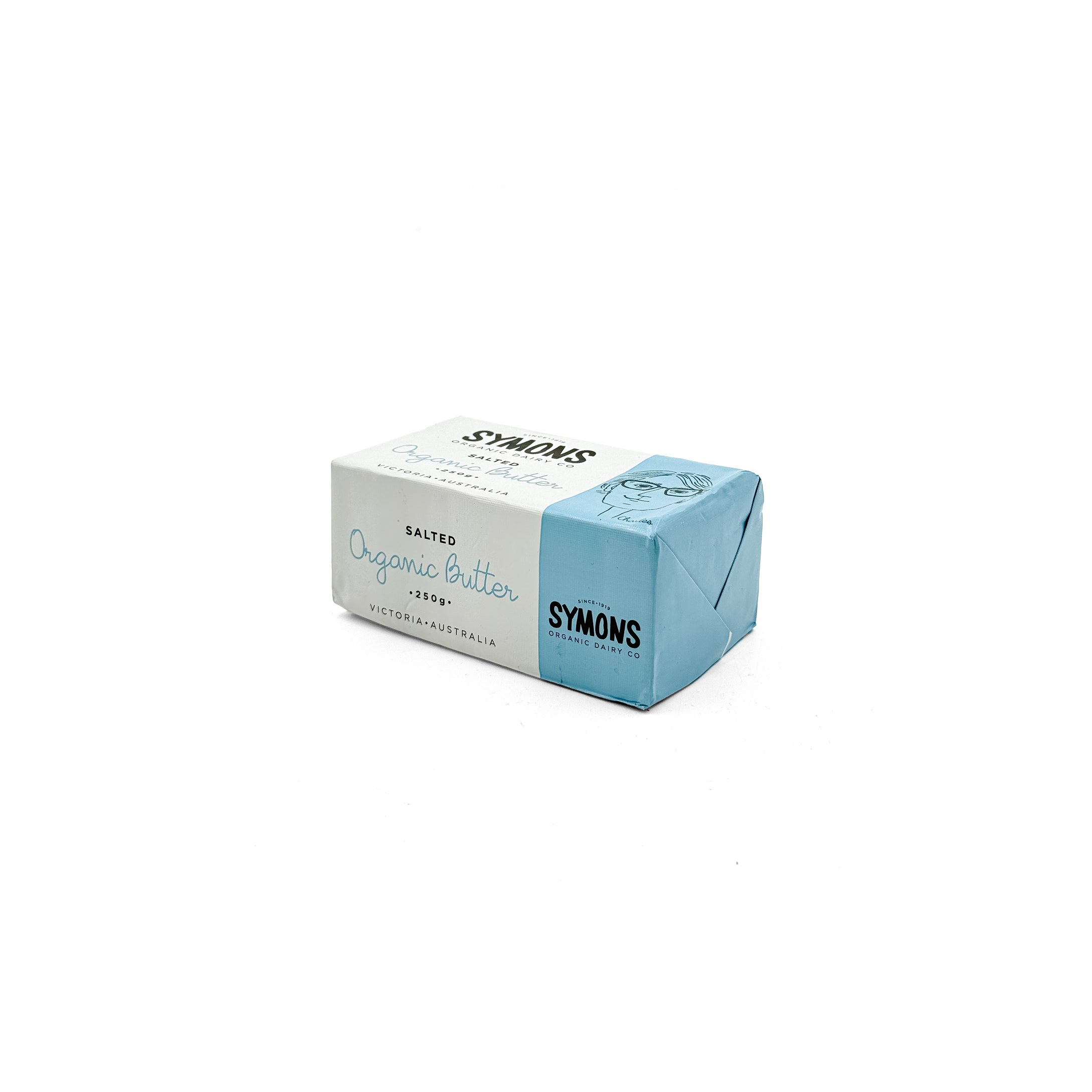 Organic salted butter from Symons in a 250g fridge pack, featuring creamy texture and natural golden color.