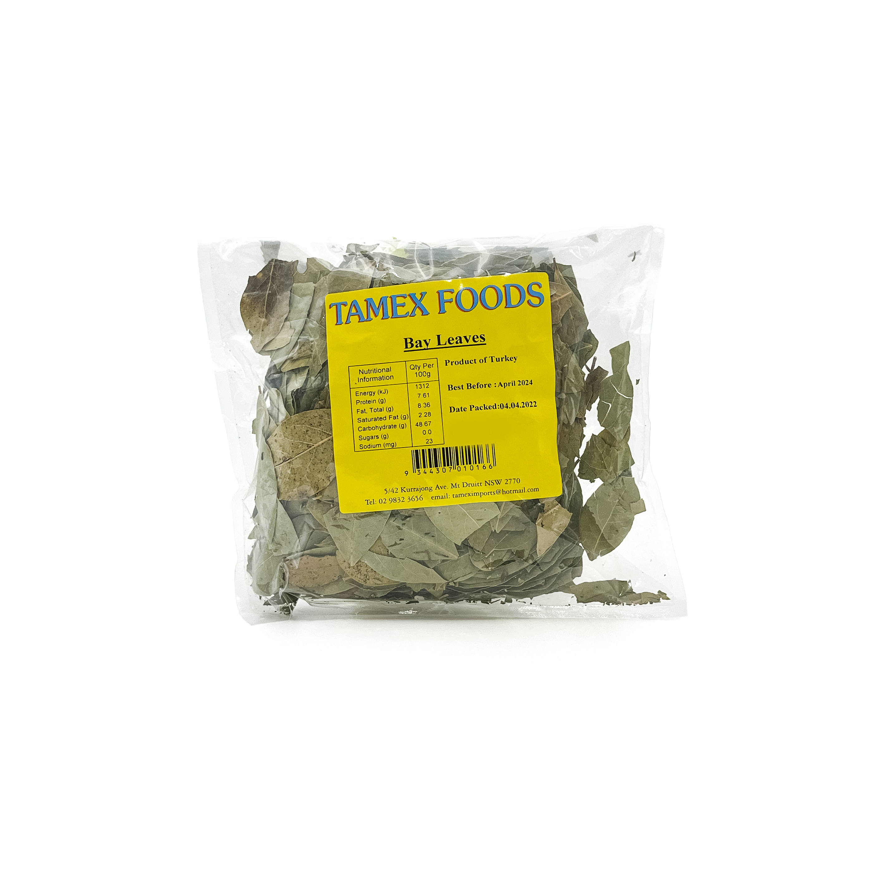 Dried Tamex Foods bay leaves in a pantry container, used for cooking and flavoring dishes, from Top Fruit Market.