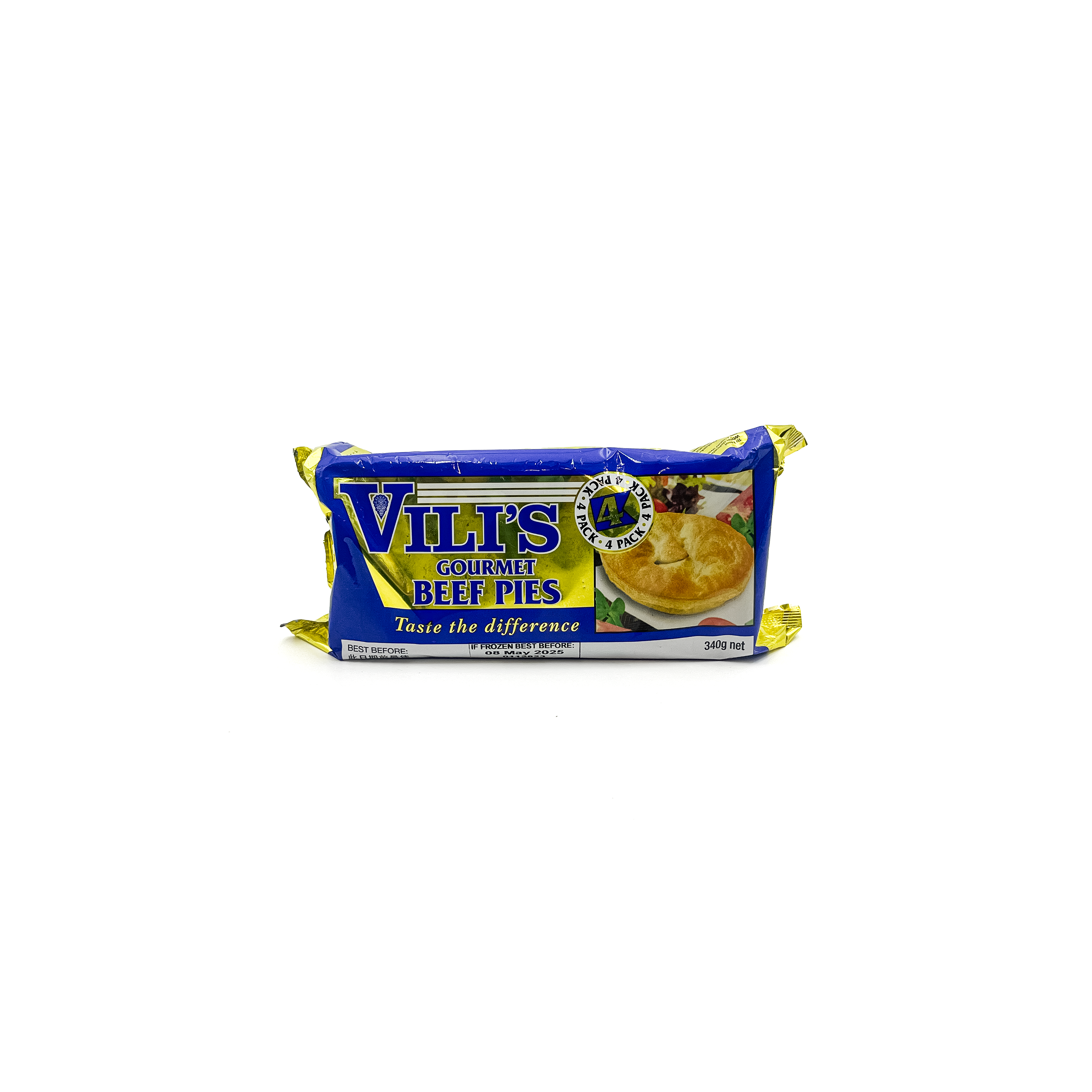 Frozen Vili's Gourmet Beef Pies 4 pack from Top Fruit Market, showcasing golden-brown, flaky pastry with beef filling.