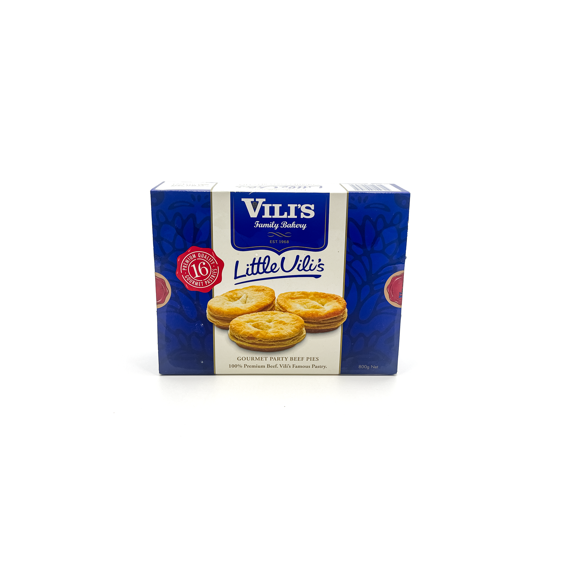 Frozen Vili's Little Vili's Gourmet Party Beef Pies in a 16-piece package, featuring golden, flaky pastry with beef filling.