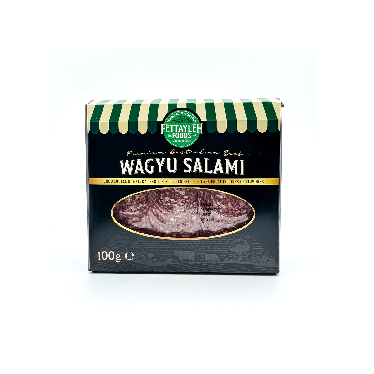 Fettayleh Wagyu Salami from Top Fruit Market displayed in a fridge, showcasing thinly sliced premium Wagyu beef salami.