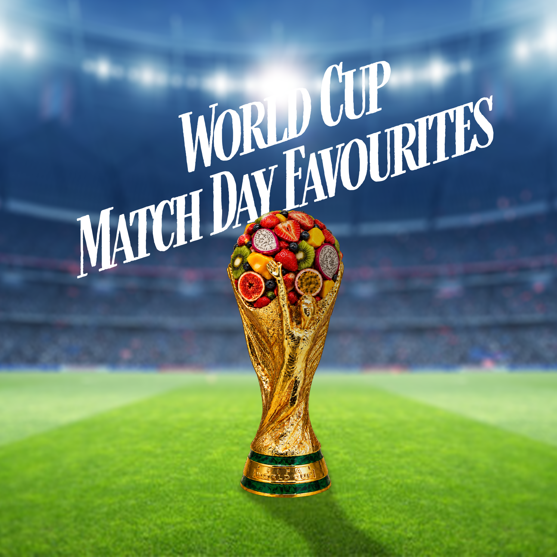 World Cup trophy on a soccer field with 'World Cup Match Day Favourites' text.